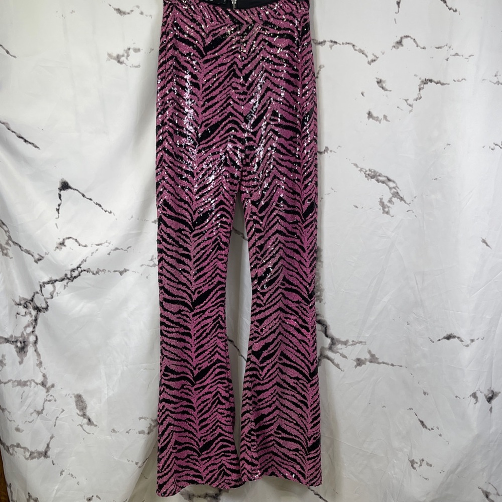Jaded London Sequin Bellbottom Pants High-Rise Pink & Black Zebra Stripe Lined